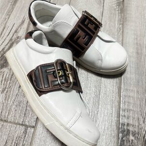 Fendi White Leather Slip-On Sneakers with Brown Logo Strap size 6